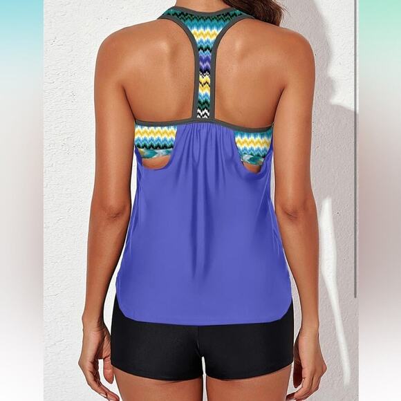 Womens Blouson Striped Printed Push up Strappy T-Back Tankini Top with Shorts M - Picture 2 of 5